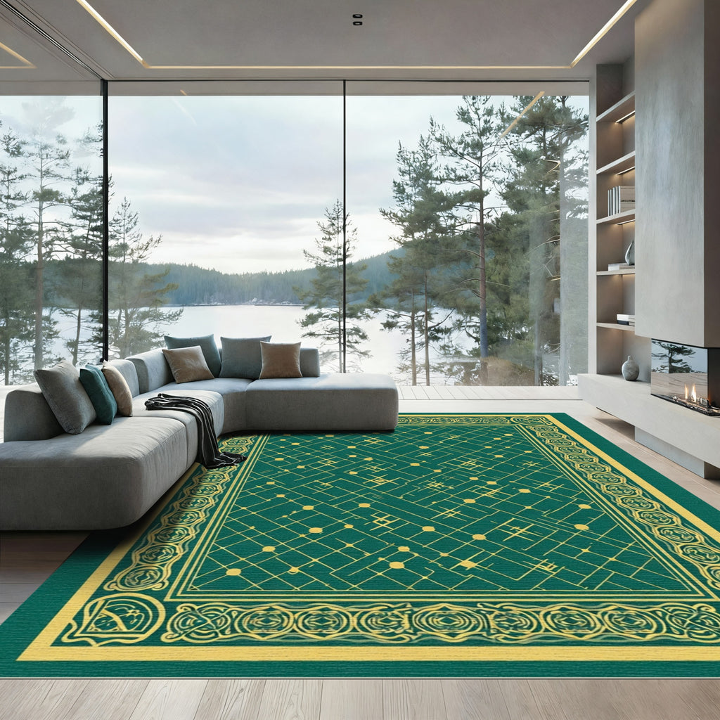 Emerald Golden Interlocking Geometric Rug