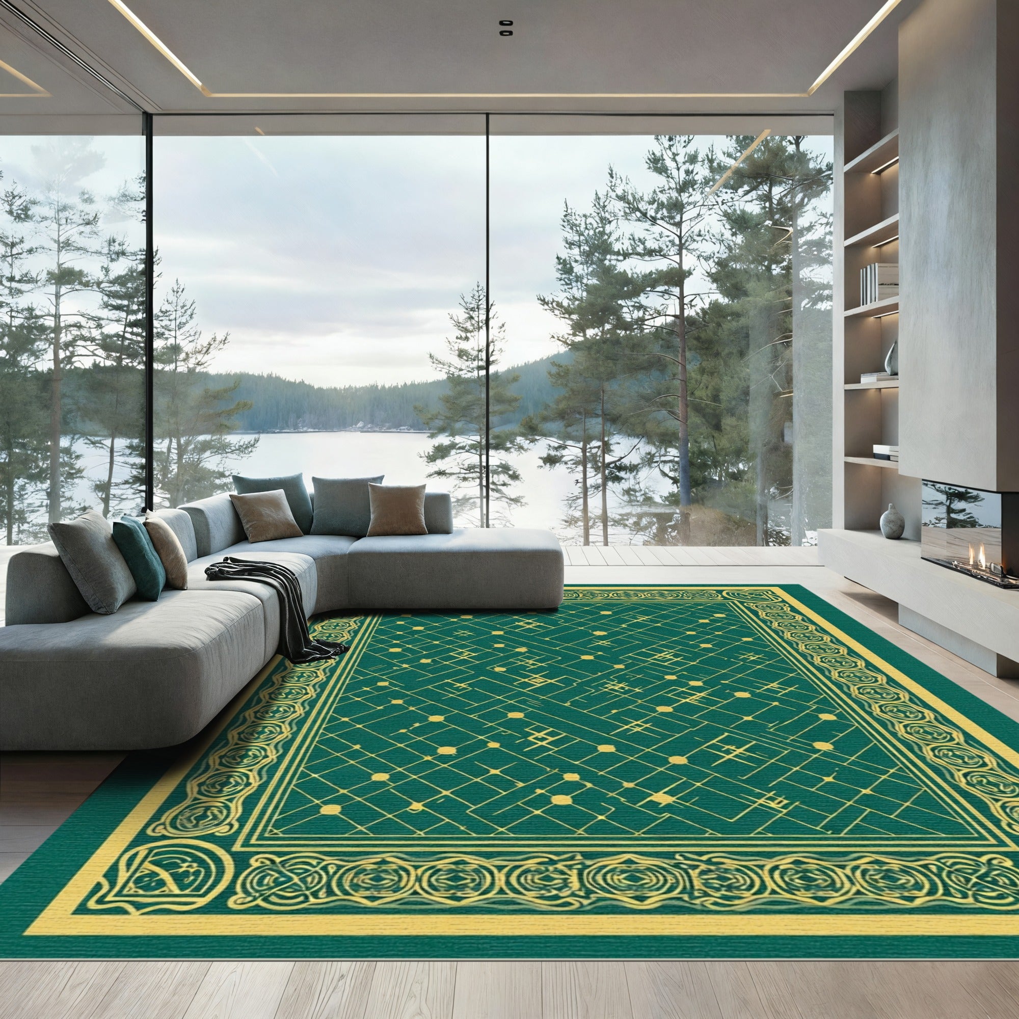 Emerald Golden Interlocking Geometric Rug