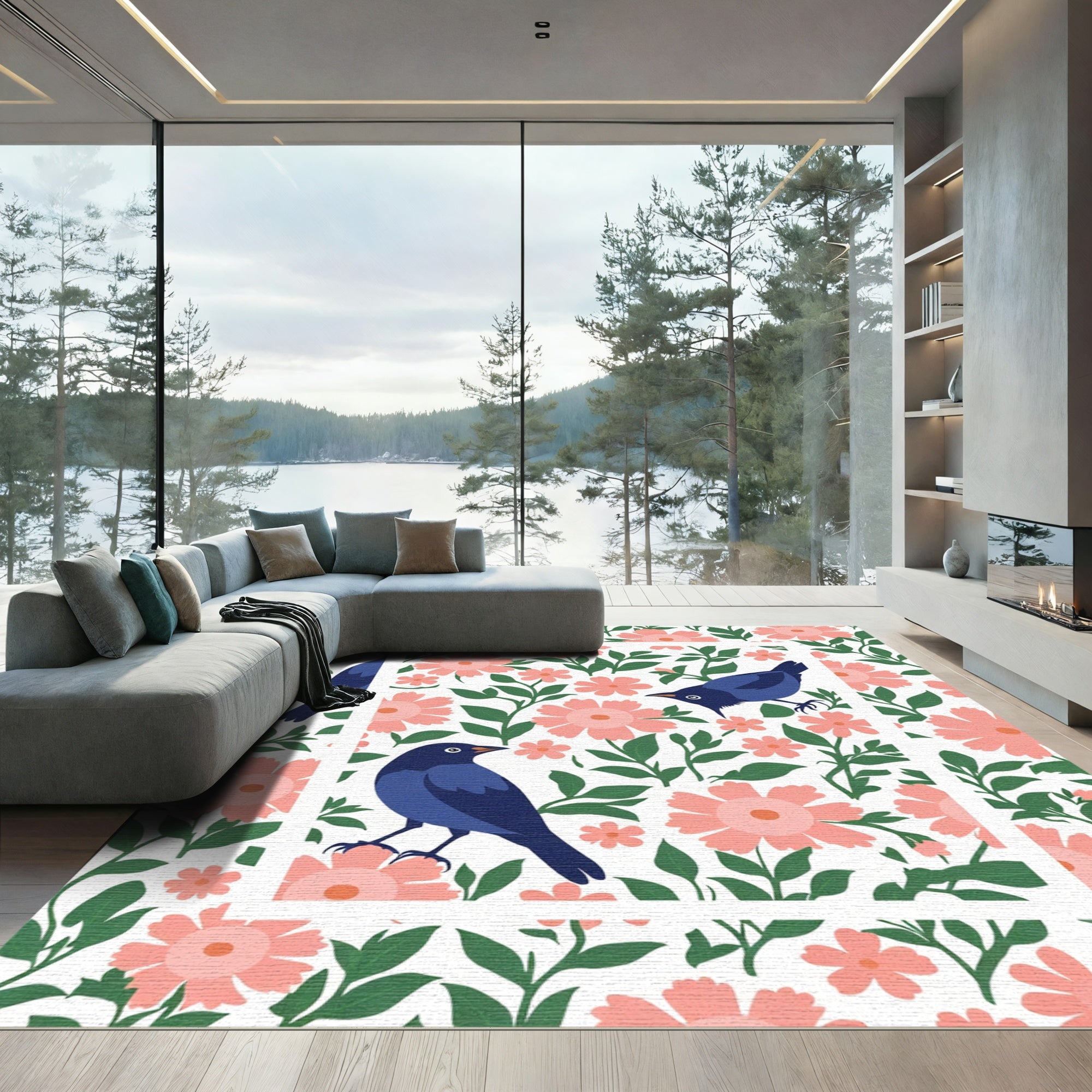 Charming Blue Birds Pink Floral Meadow Rug