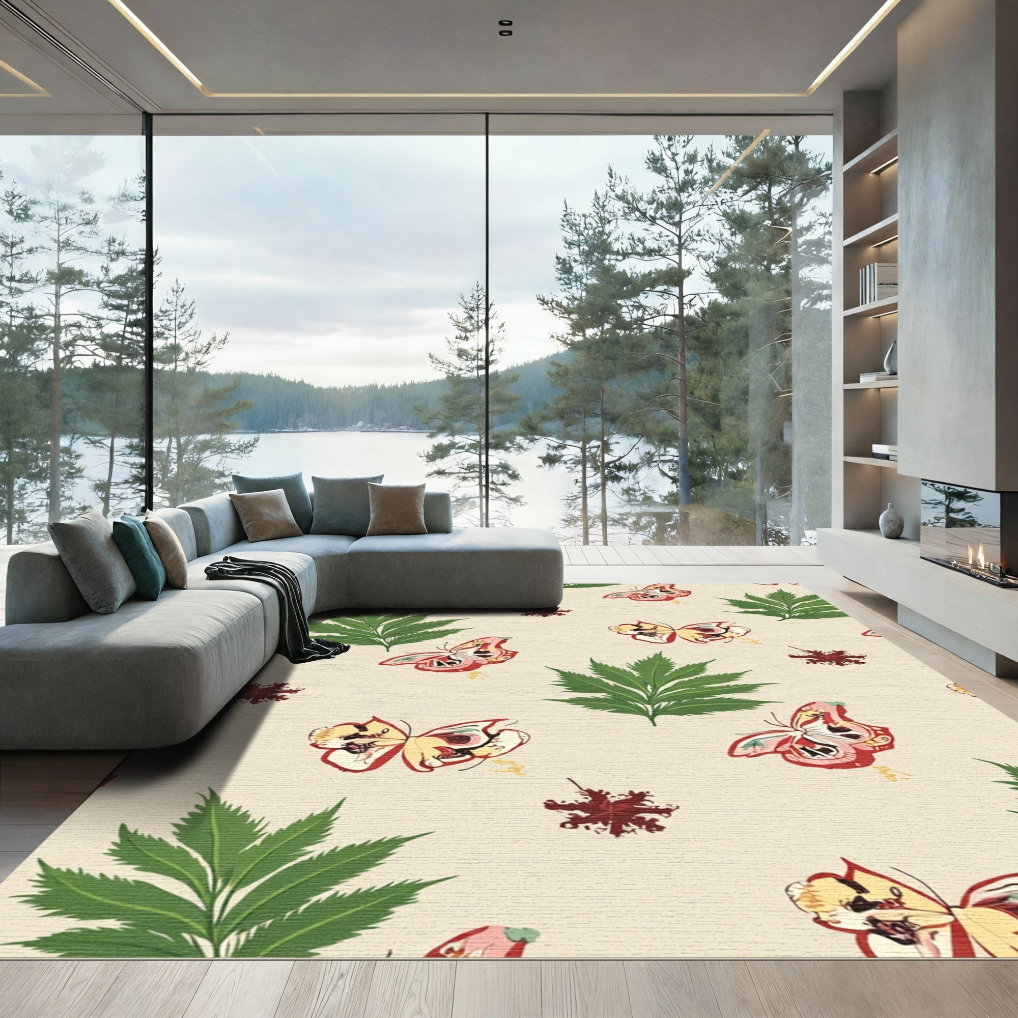 Whimsical Red Yellow Butterfly Green Foliage Rug