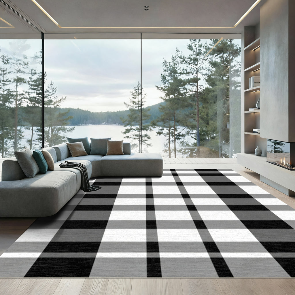 Bold Black White Plaid Overlay Rug