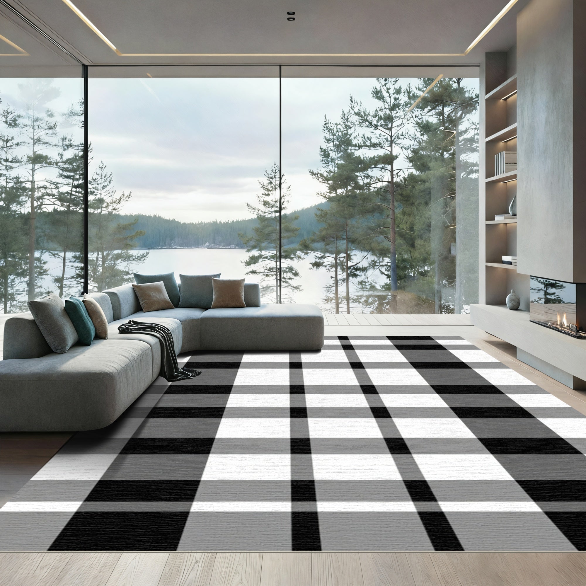 Bold Black White Plaid Overlay Rug