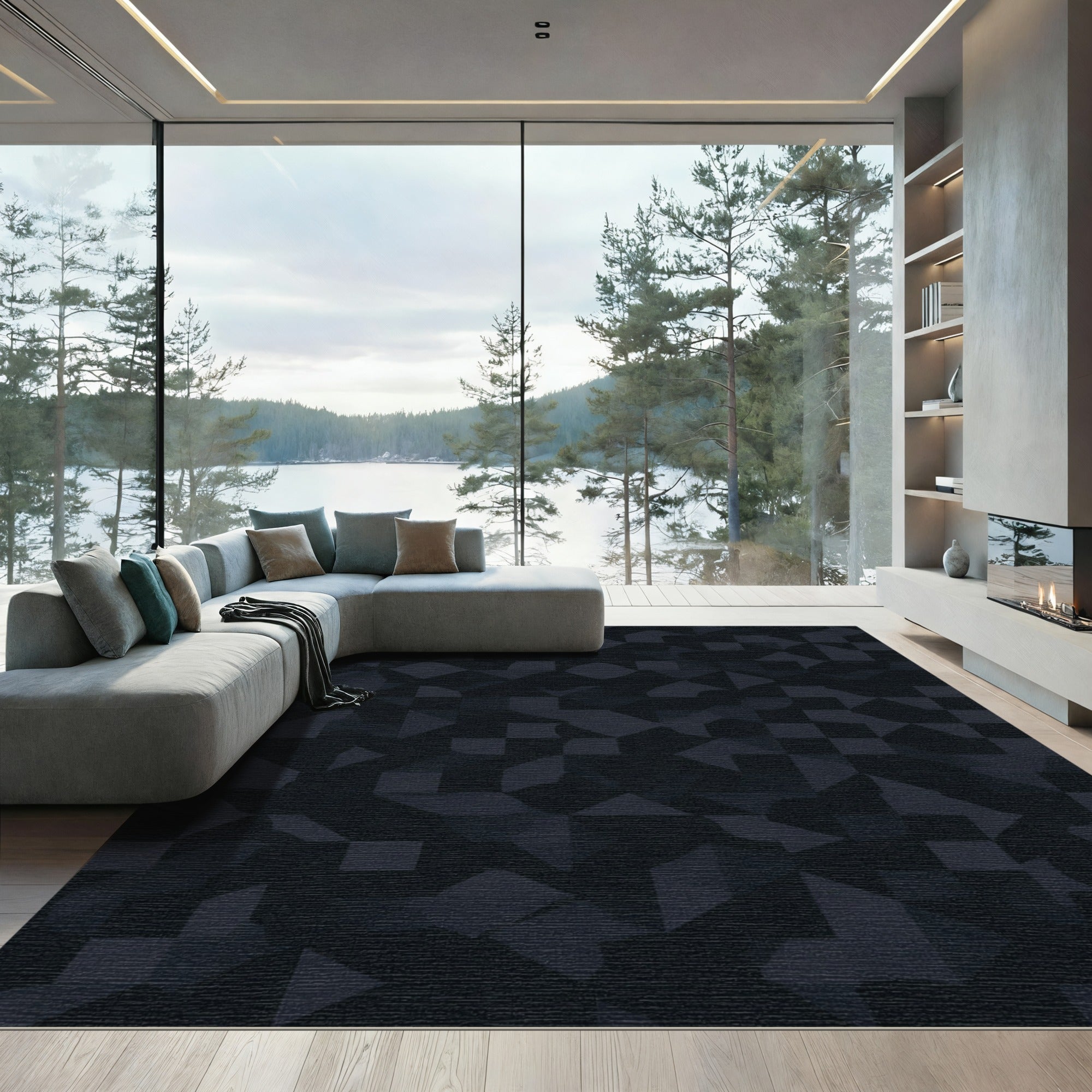Dark Blue Abstract Geometric Squares Rug