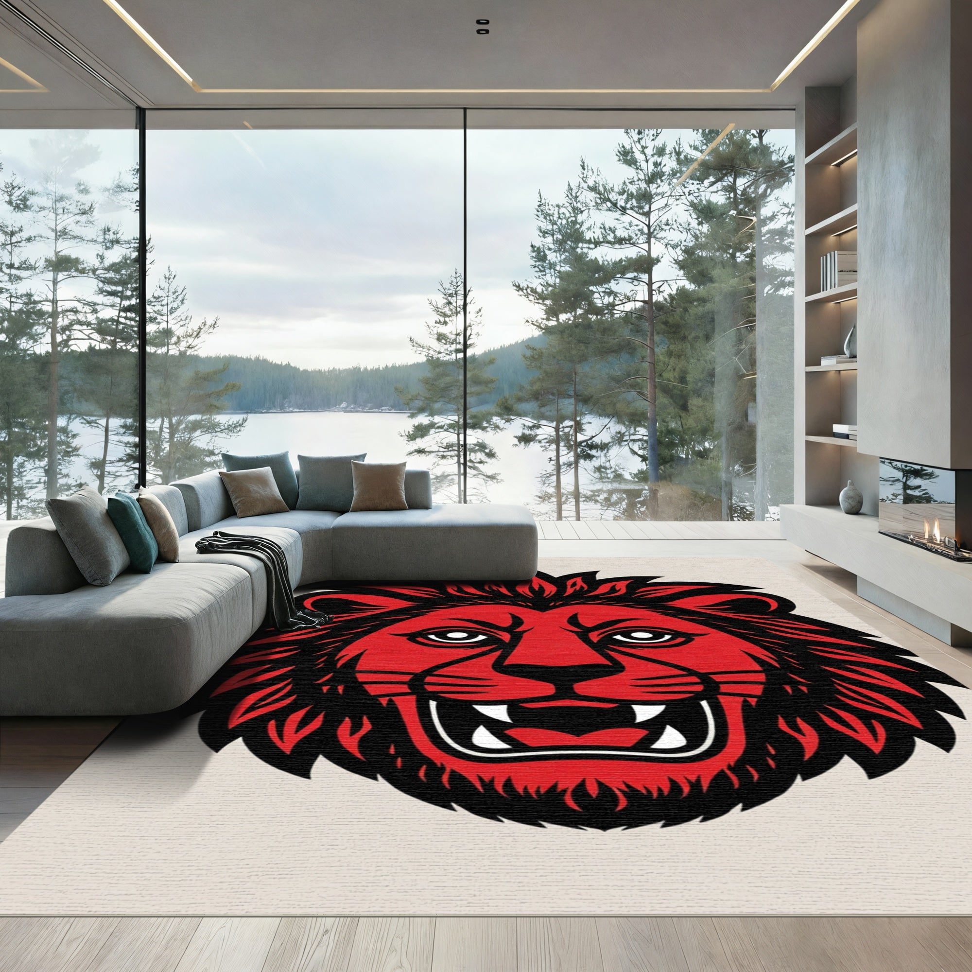 Bold Red Lion Head Graphic Rug