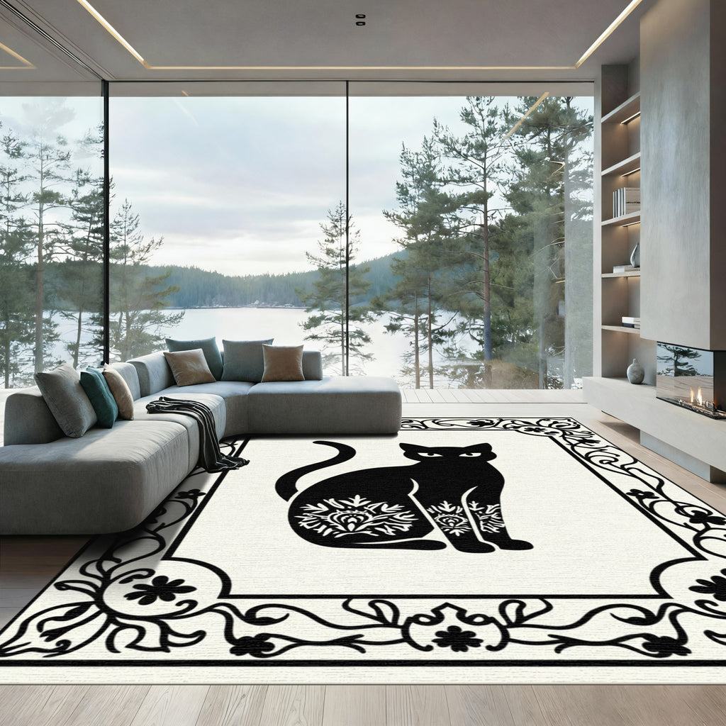 Mysterious Black Cat Ornamental Border Rug