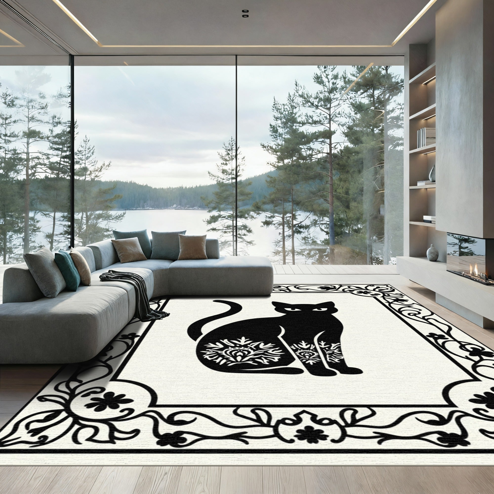 Mysterious Black Cat Ornamental Border Rug