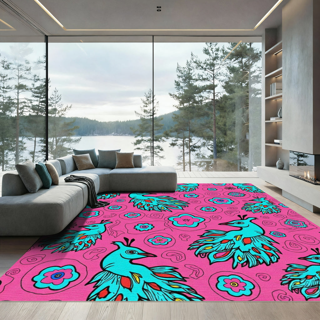 Turquoise Peacock Pink Floral Whimsical Rug