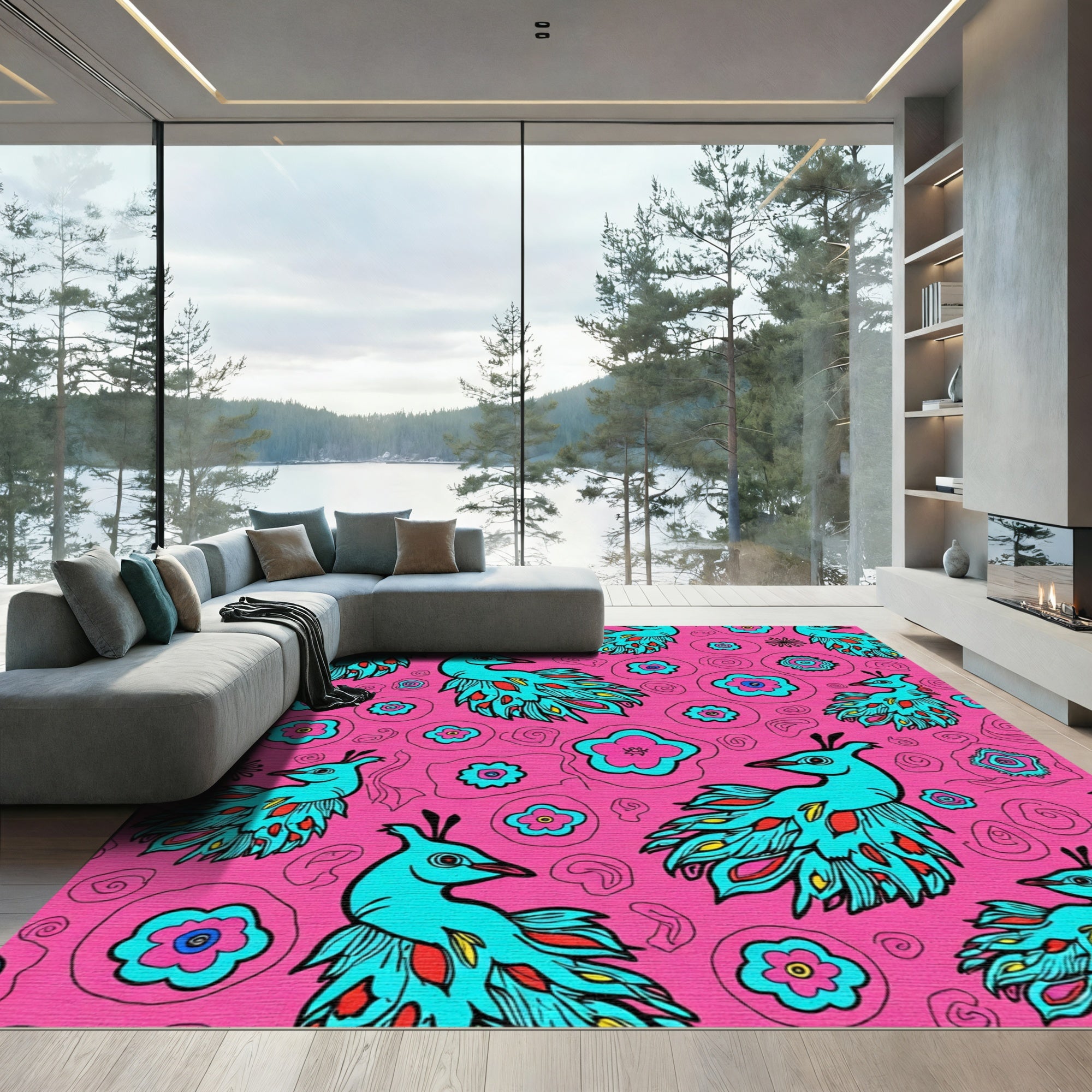 Turquoise Peacock Pink Floral Whimsical Rug