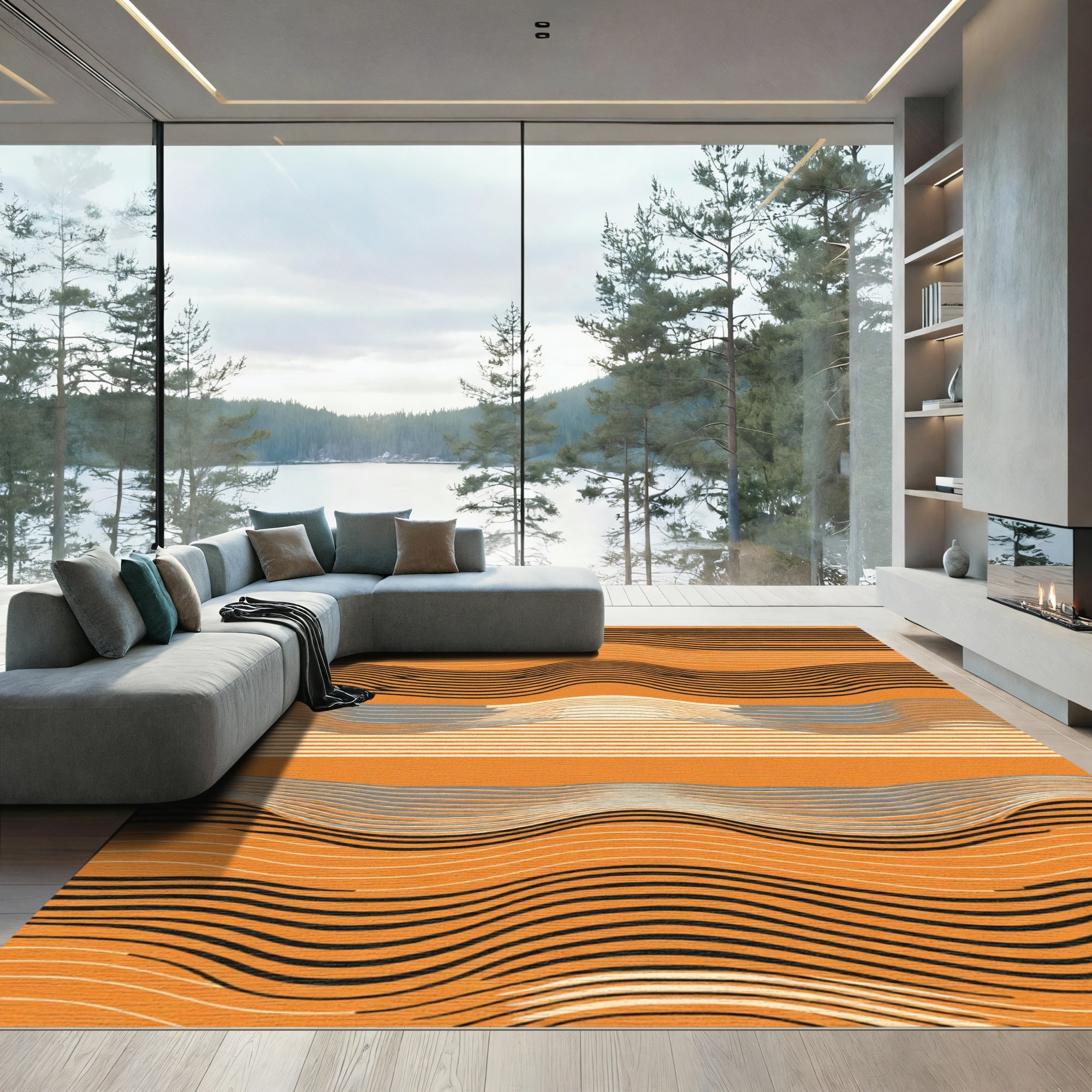 Dynamic Orange Striped Wave Rug
