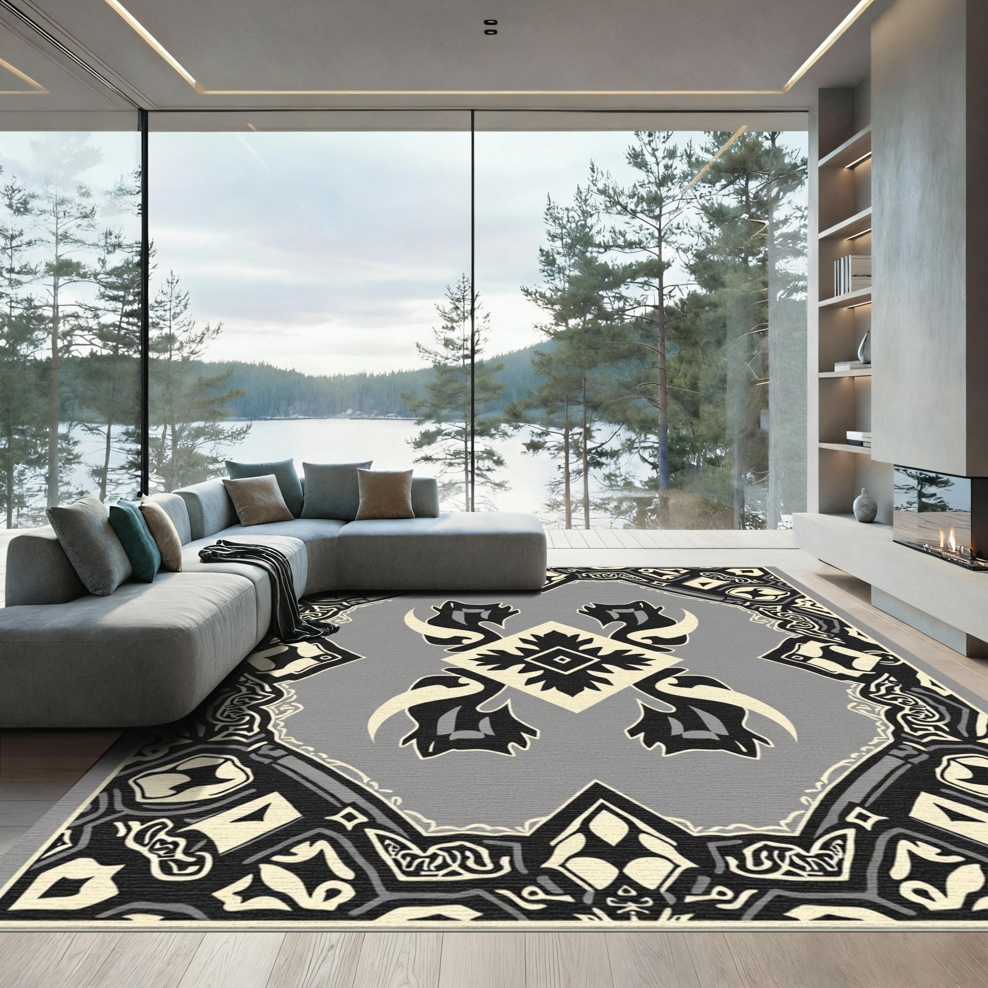 Monochromatic Geometric Medallion Ivory Rug