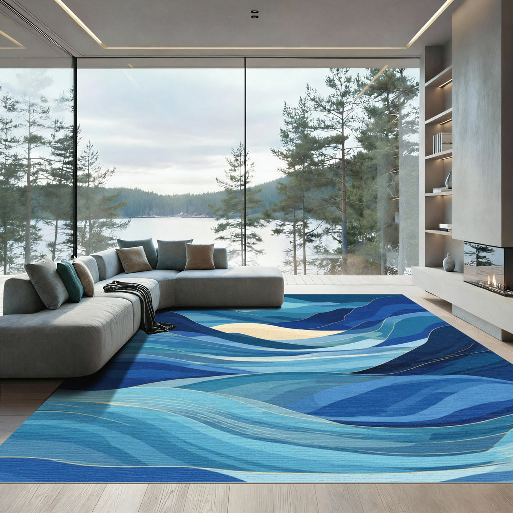 Deep Blue Abstract Wavy Landscape Rug