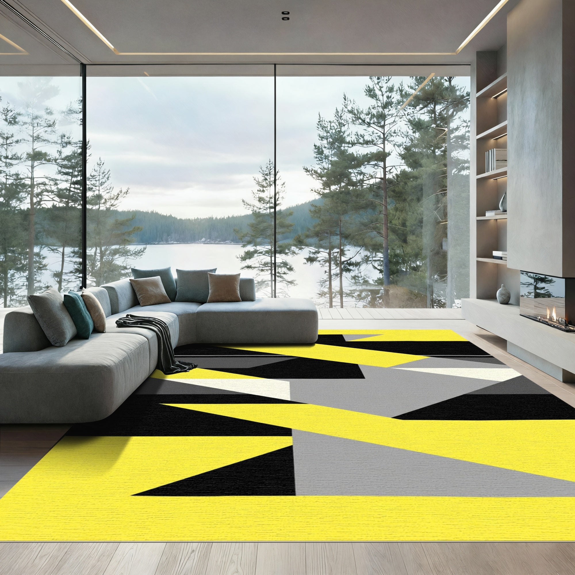Abstract Yellow Black Slate Geometric Angles Rug