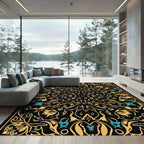 Golden Black Floral Medallion Aqua Accents Rug