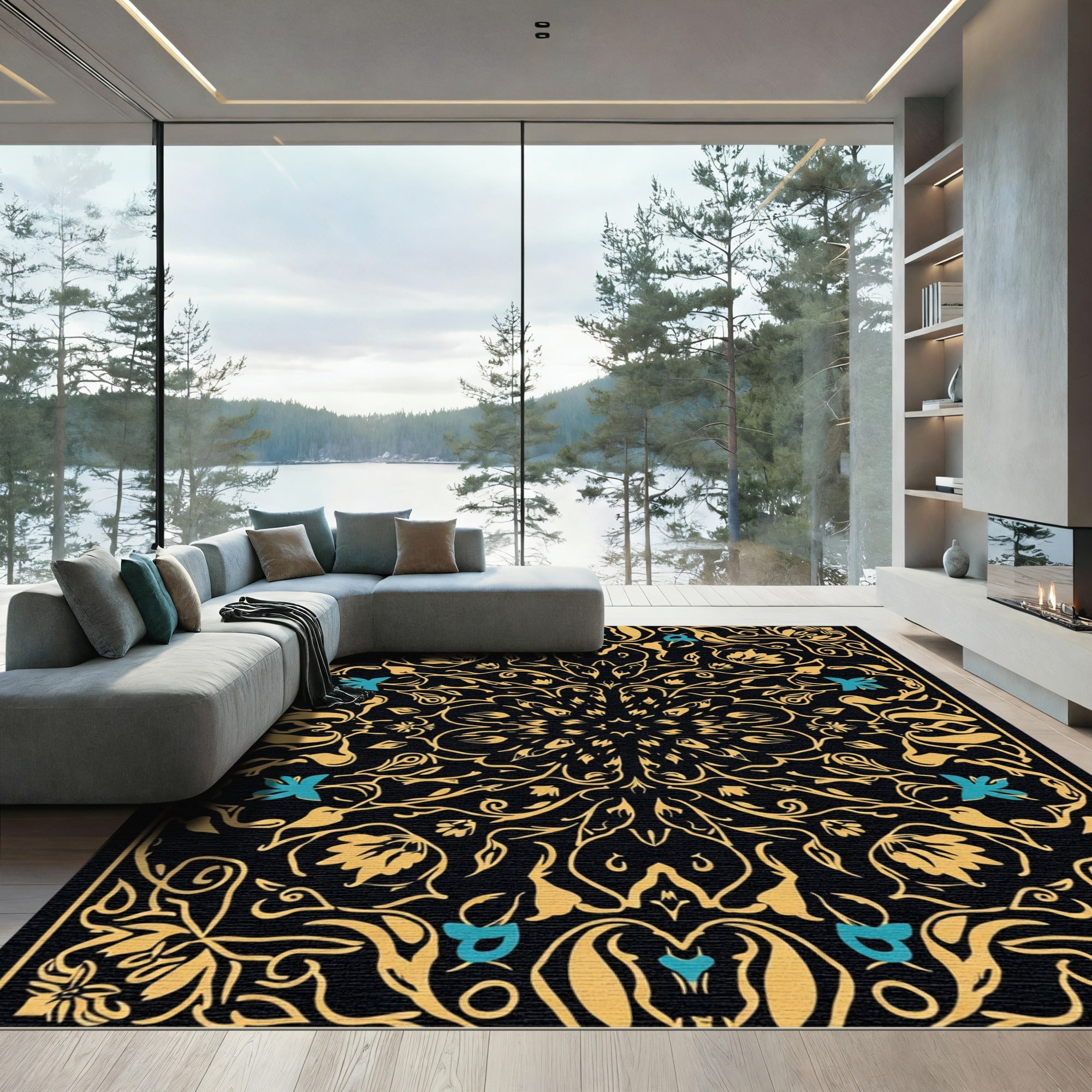 Golden Black Floral Medallion Aqua Accents Rug