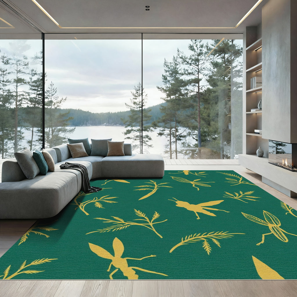 Golden Insects Foliage Teal Rug
