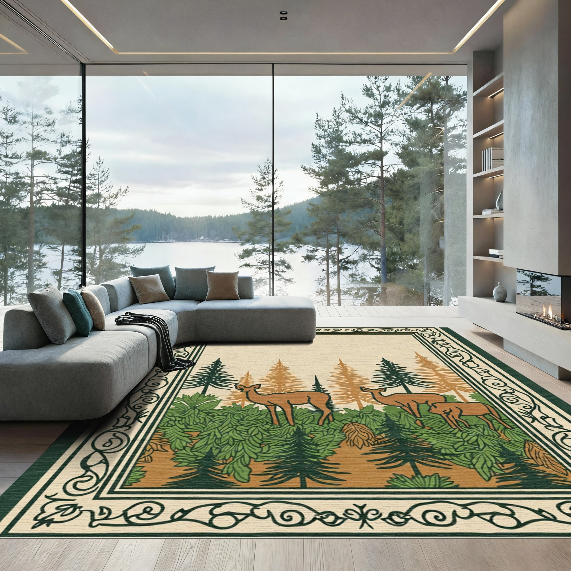 Woodland Deer Forest Border Rug
