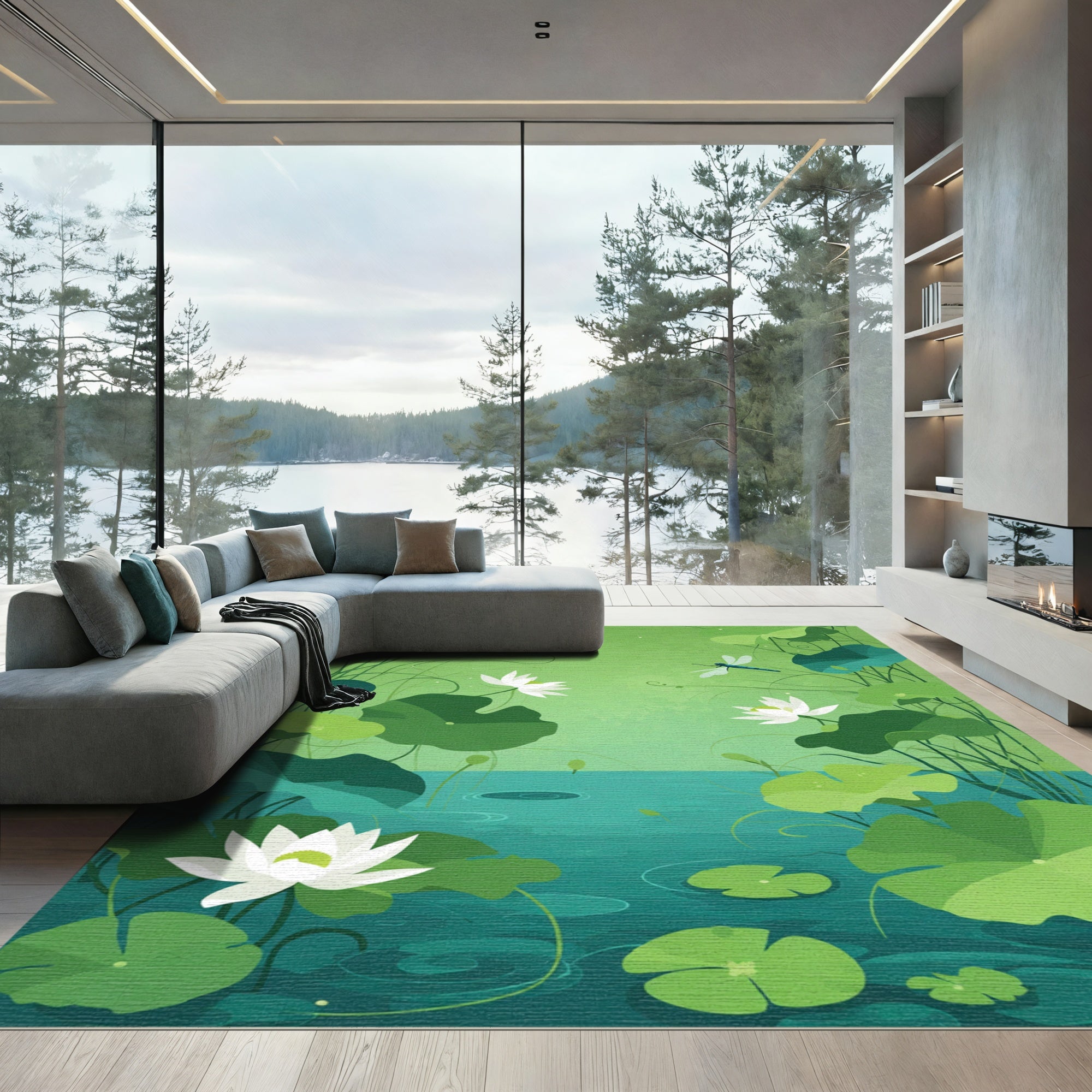 White Lotus Pond Dragonfly Scene Rug