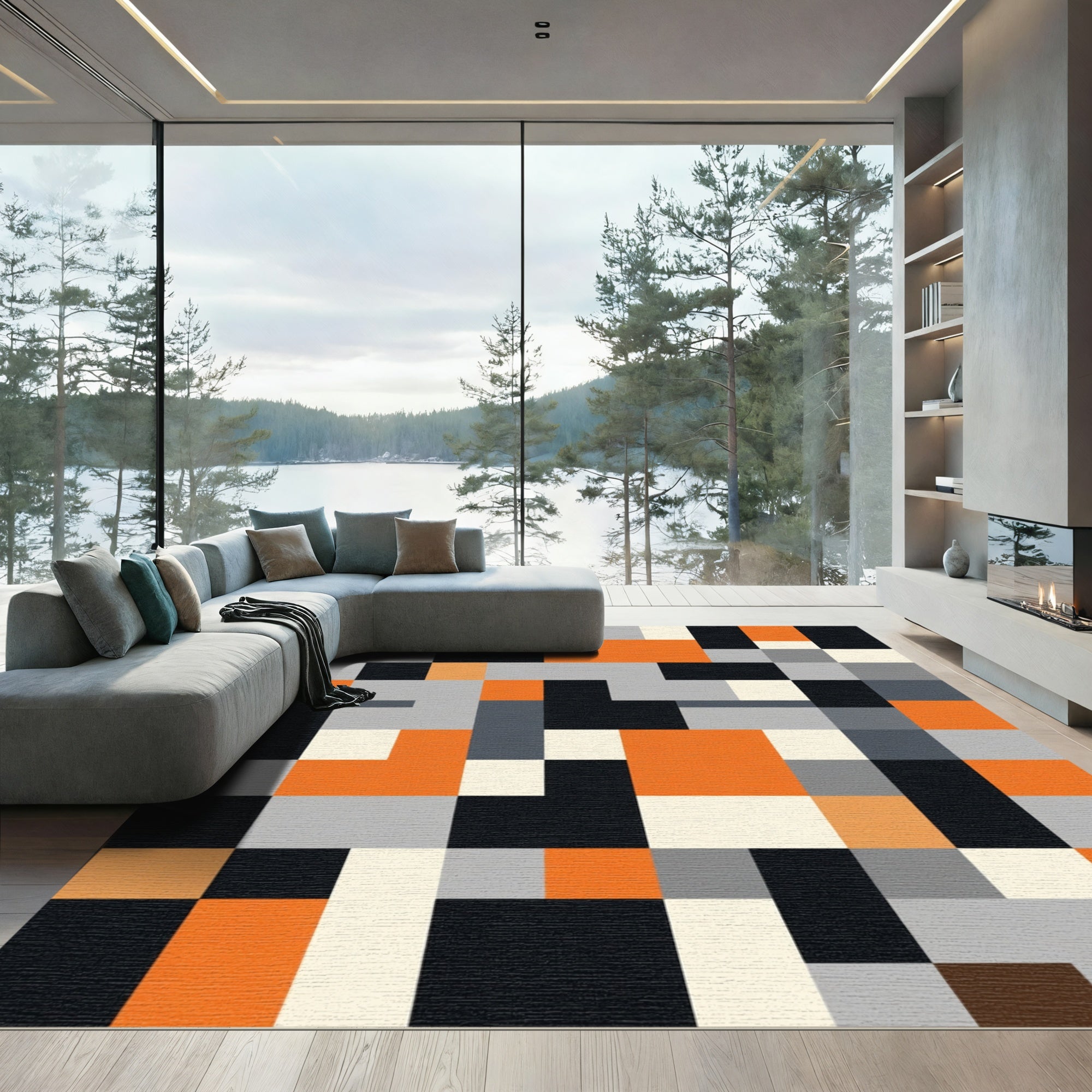 Bold Orange Gray Black Abstract Blocks Rug