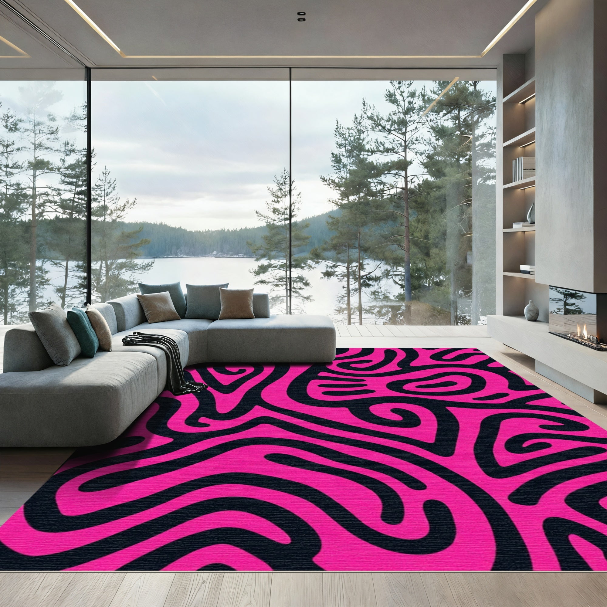 Hot Pink Abstract Maze Lines Rug