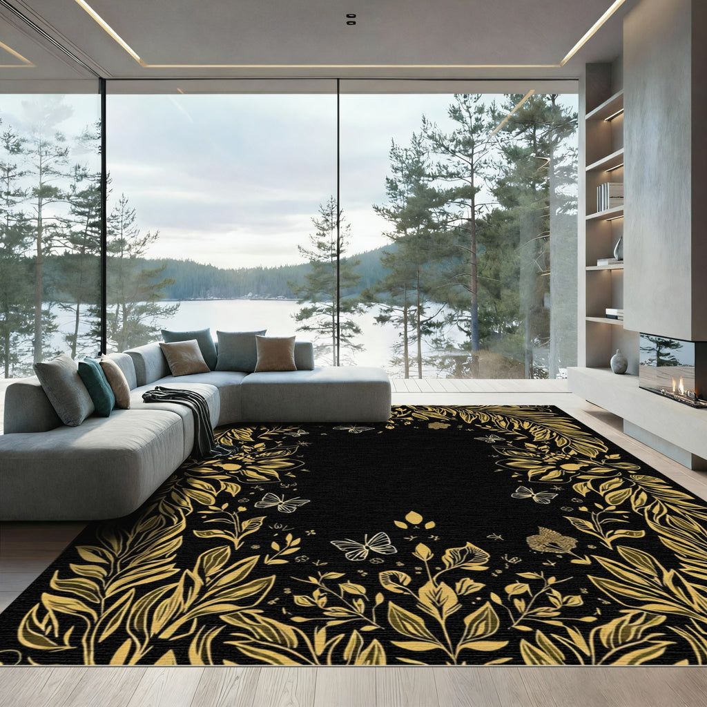 Golden Floral Butterfly Frame Rug