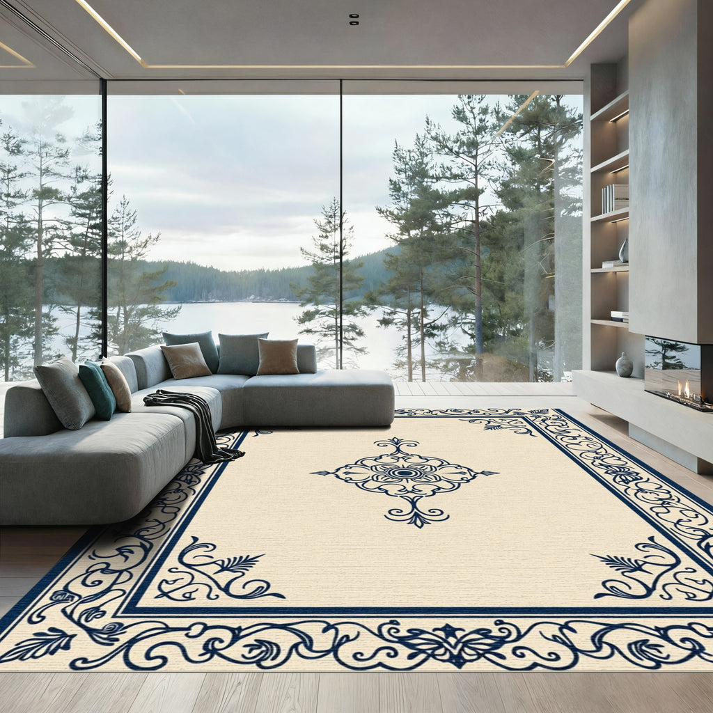 Navy Floral Frame Cream Medallion Rug