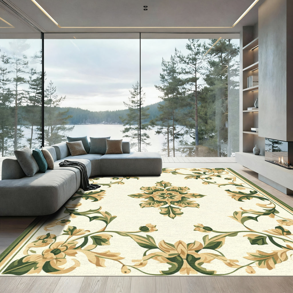 Elegant Green Floral Medallion Border Rug