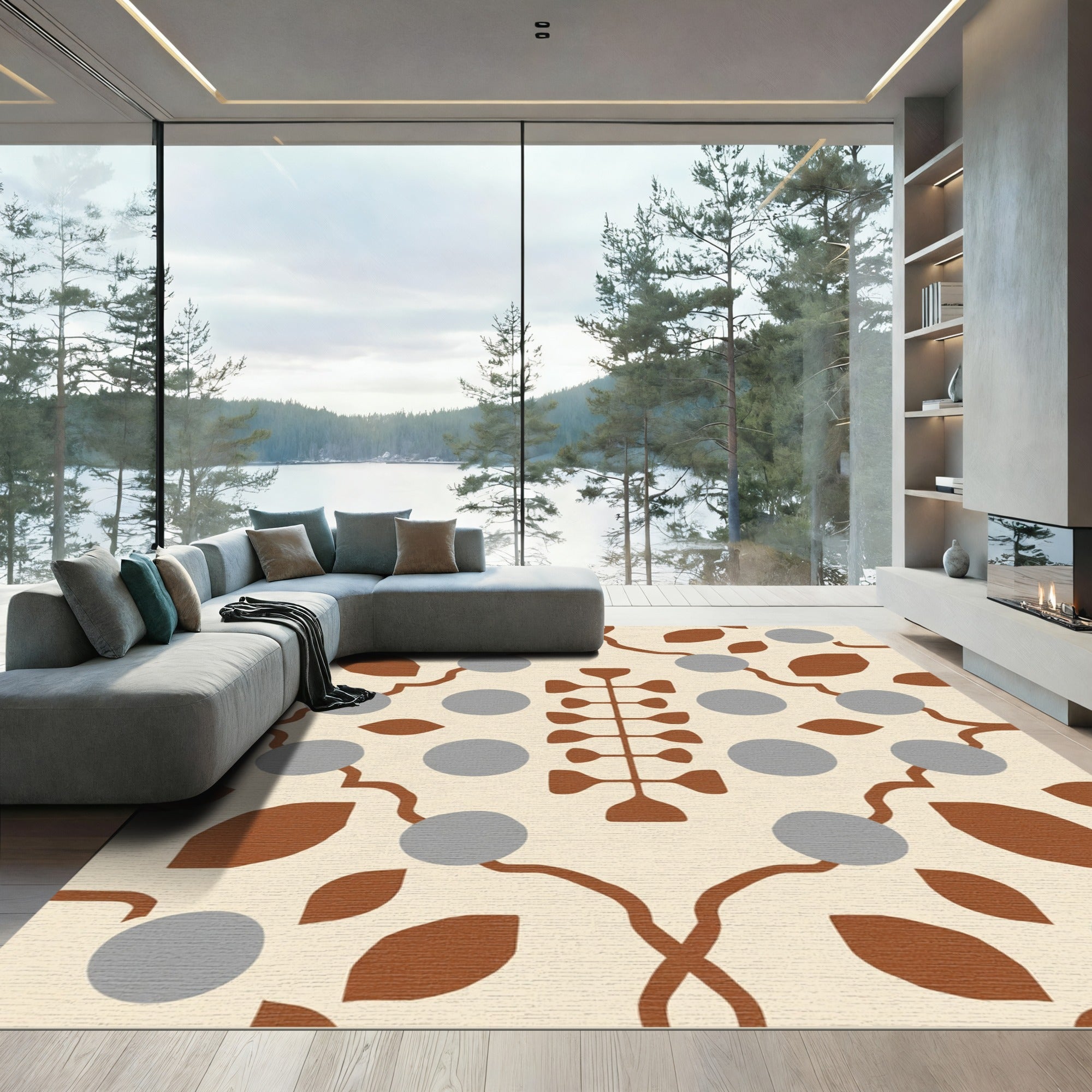 Terracotta Tan Grey Floral Branch Rug
