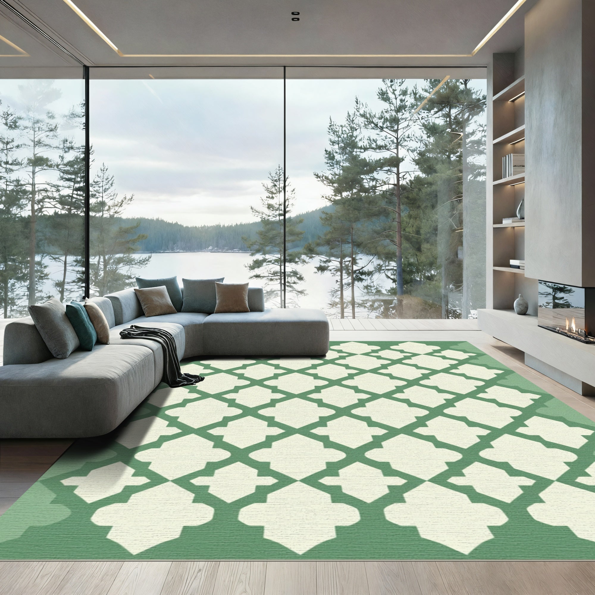 Green Cream Quatrefoil Lattice Rug