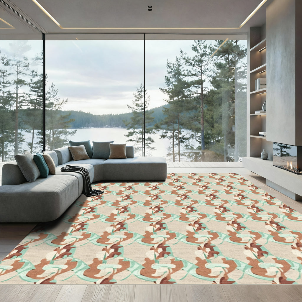 Abstract Curved Earthy Brown Teal Rug