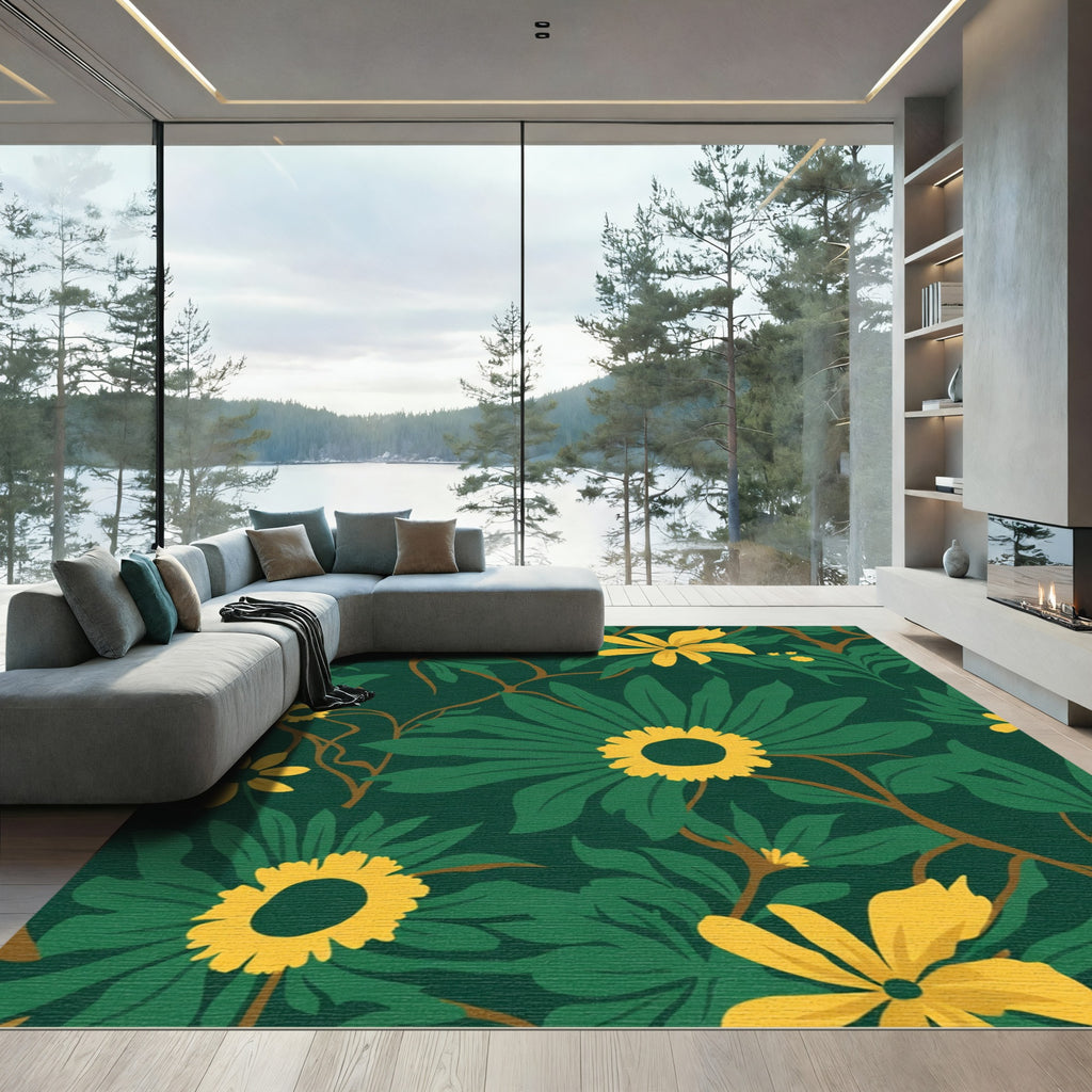 Emerald Green Yellow Floral Vines Rug