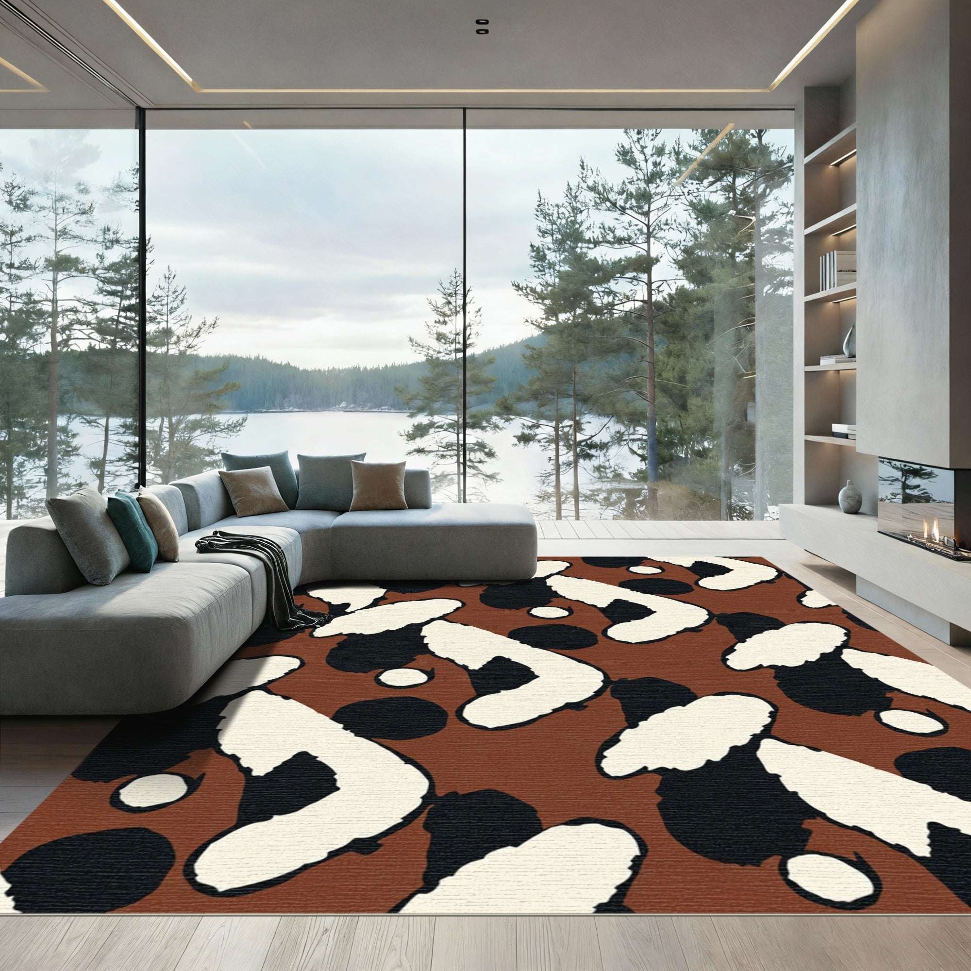 Brown Cream Black Abstract Brushstroke Rug
