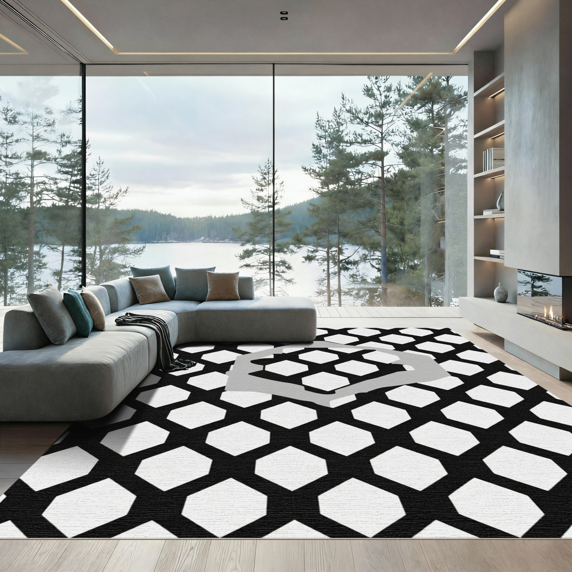 Monochromatic Geometric Honeycomb Overlay Rug