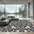 Navy Symmetrical Floral Damask Rug