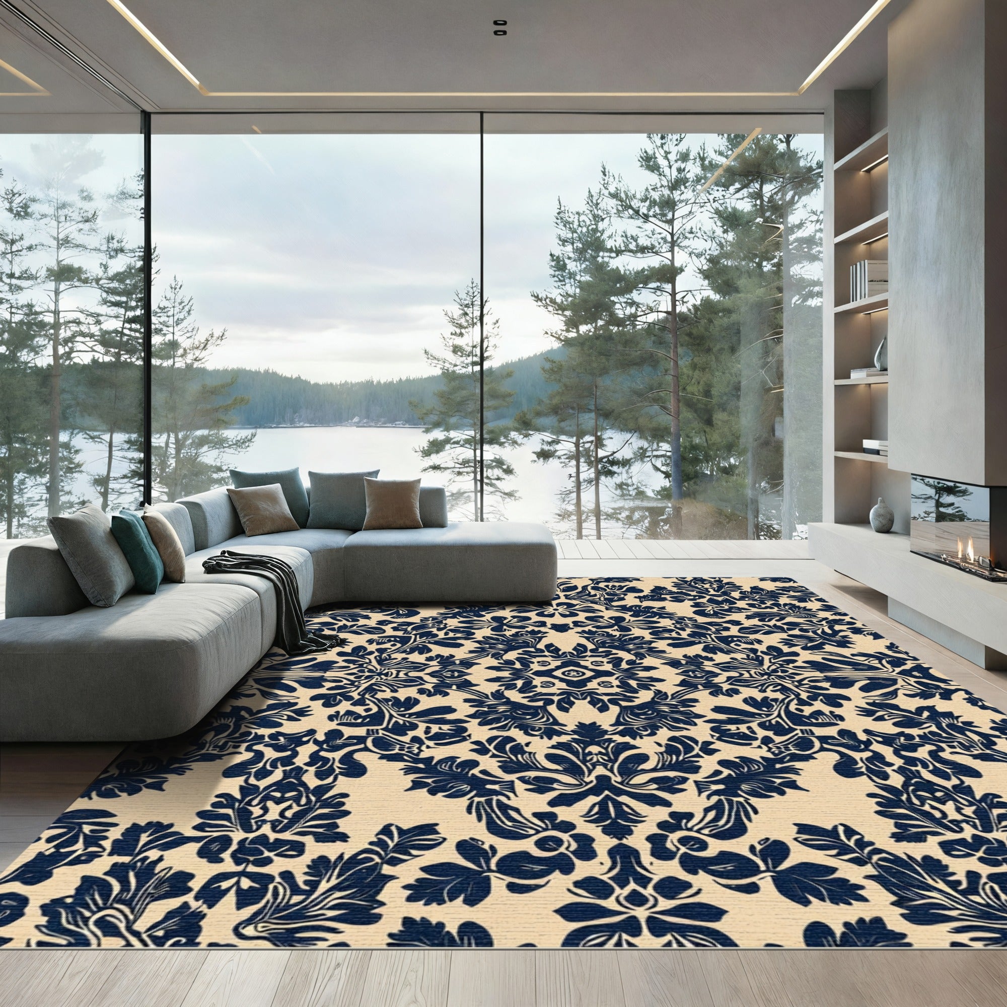 Navy Symmetrical Floral Damask Rug