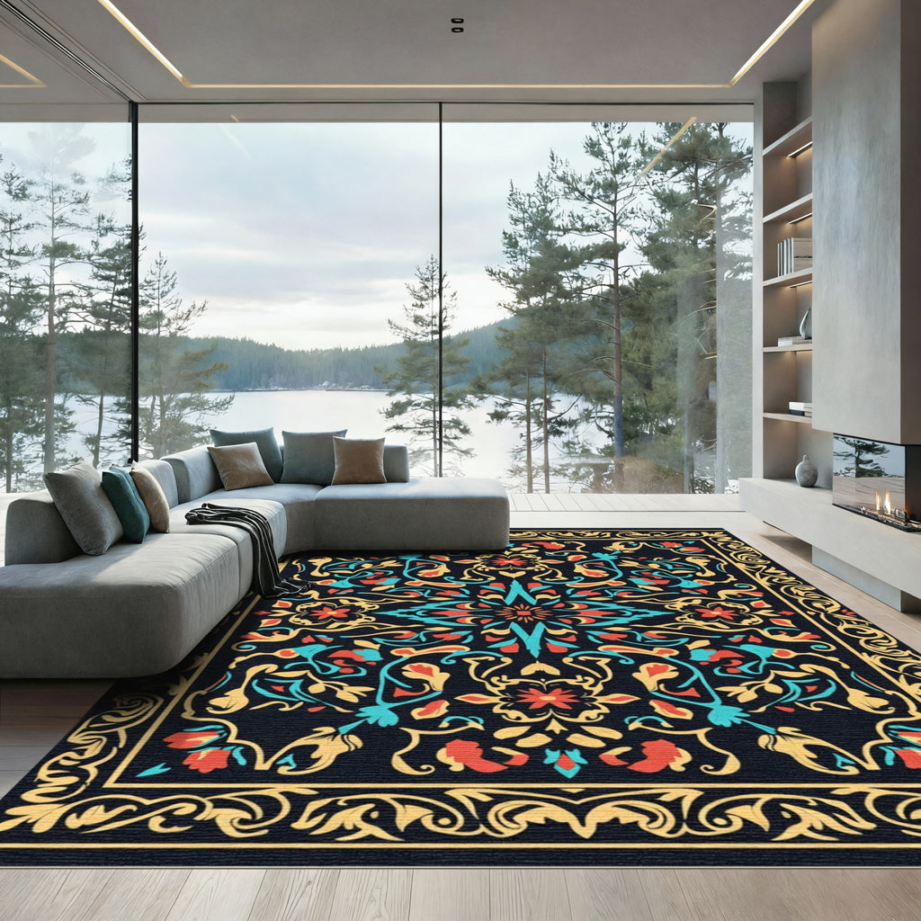 Golden Filigree Teal Coral Floral Scroll Rug