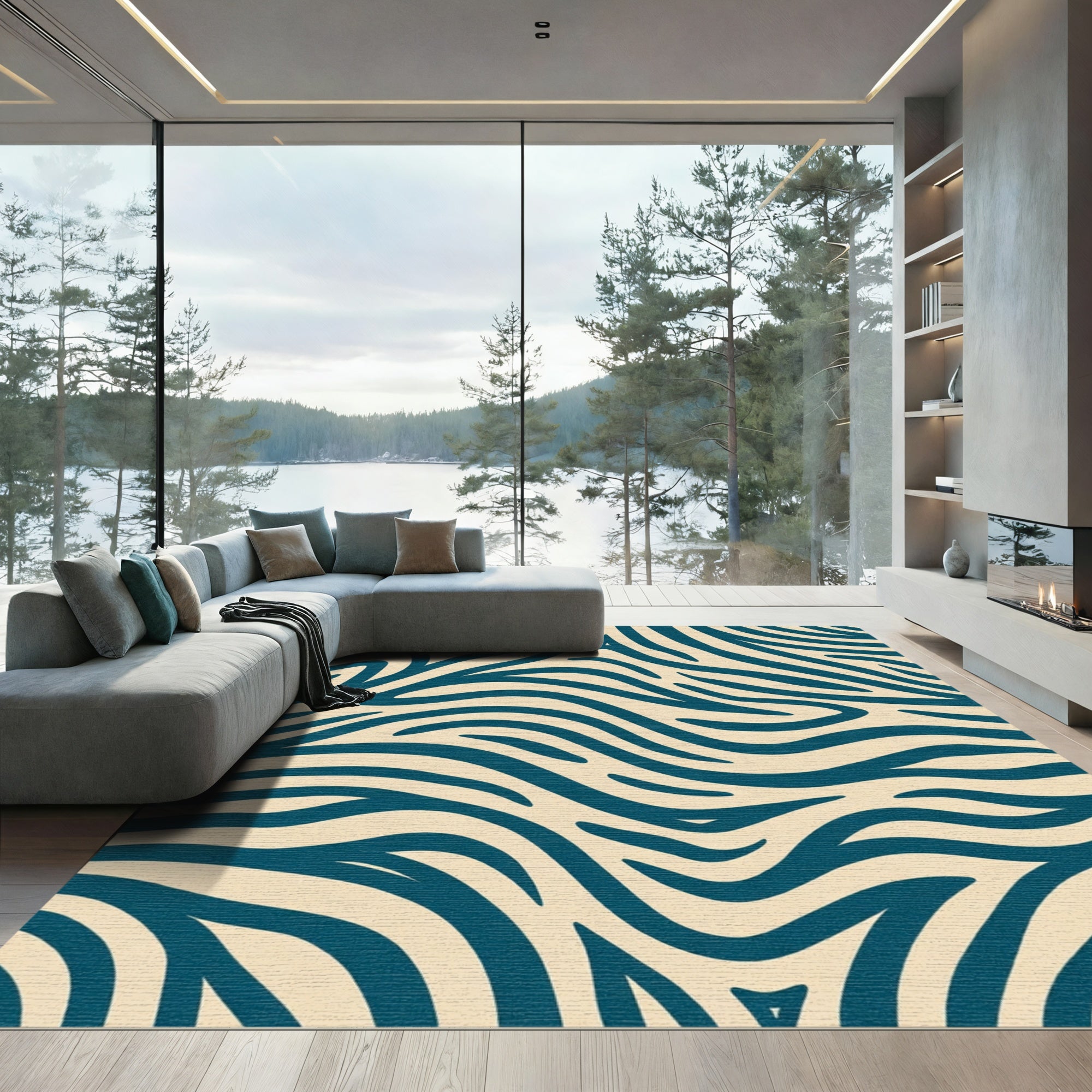 Teal Abstract Zebra Stripes Rug