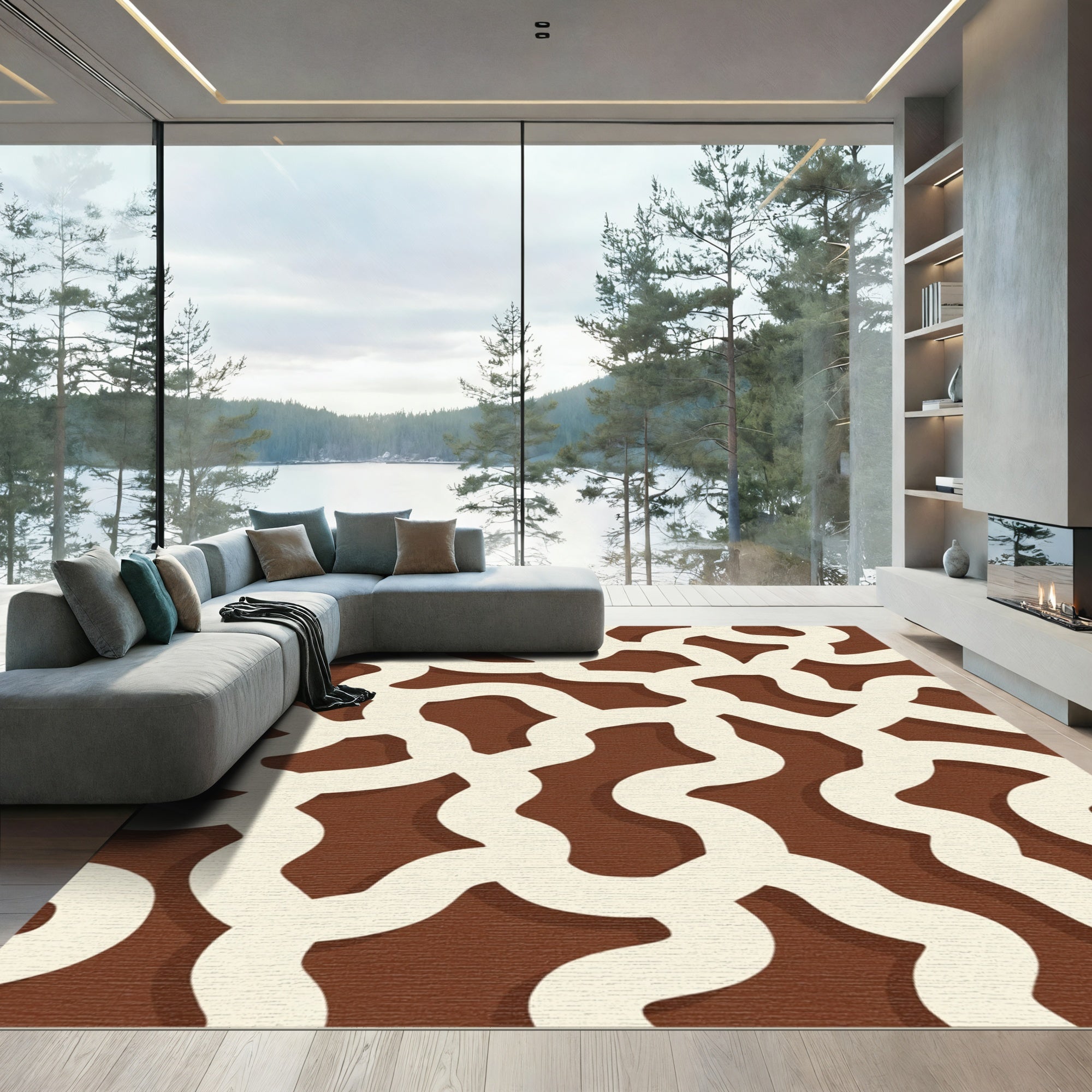 Cream Swirls Over Warm Brown Rug