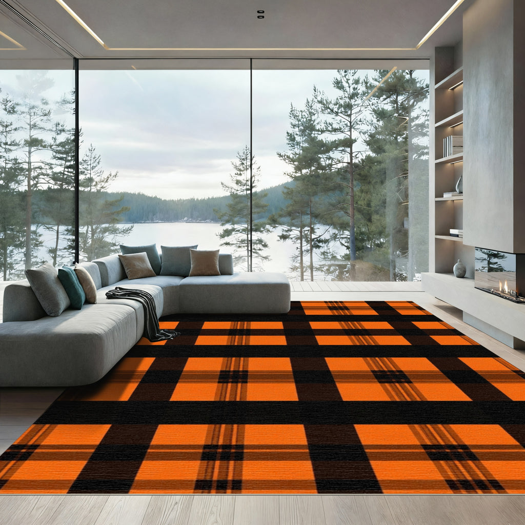 Classic Orange Black Plaid Squares Rug