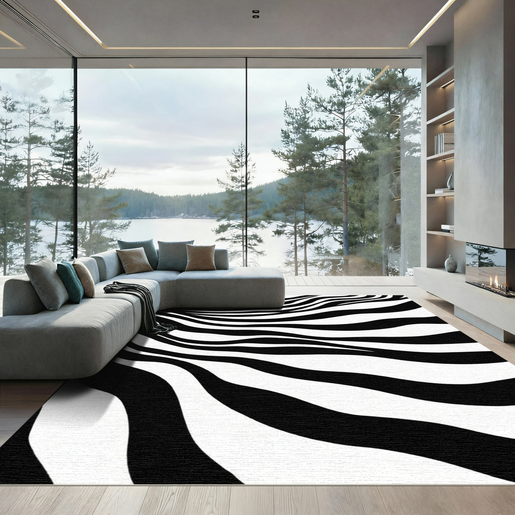 Bold Black White Abstract Zebra Waves Rug