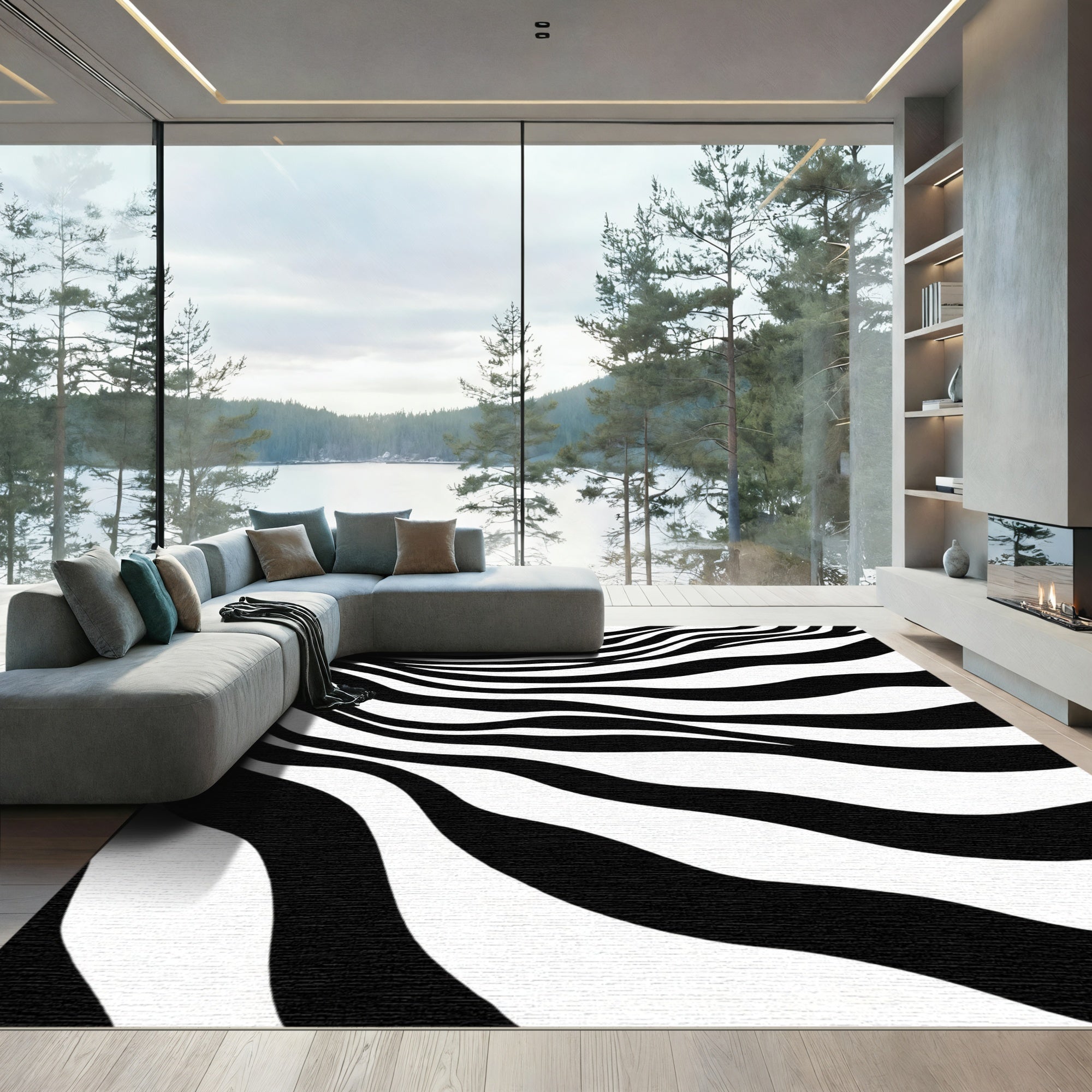 Bold Black White Abstract Zebra Waves Rug