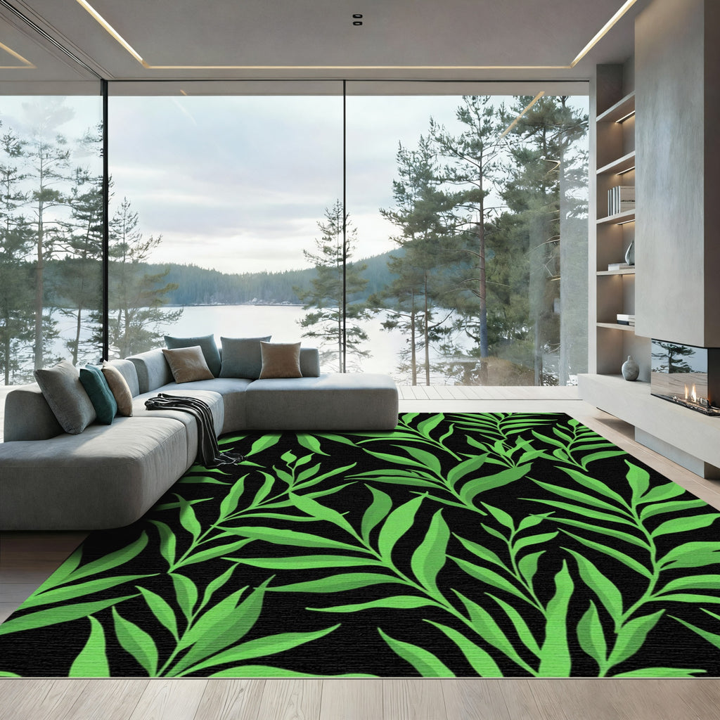 Vibrant Green Leafy Branches Black Rug