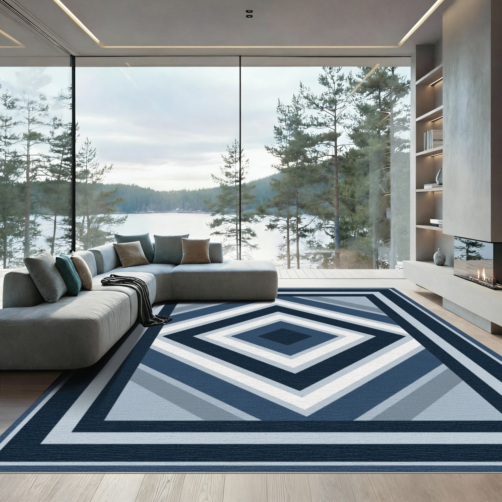 Deep Blue Geometric Diamond Layered Rug