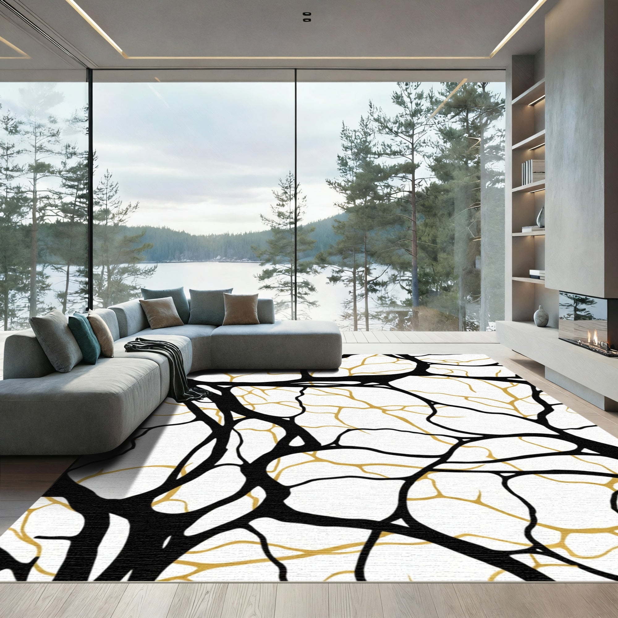 Black Gold Organic Branch Abstract Rug
