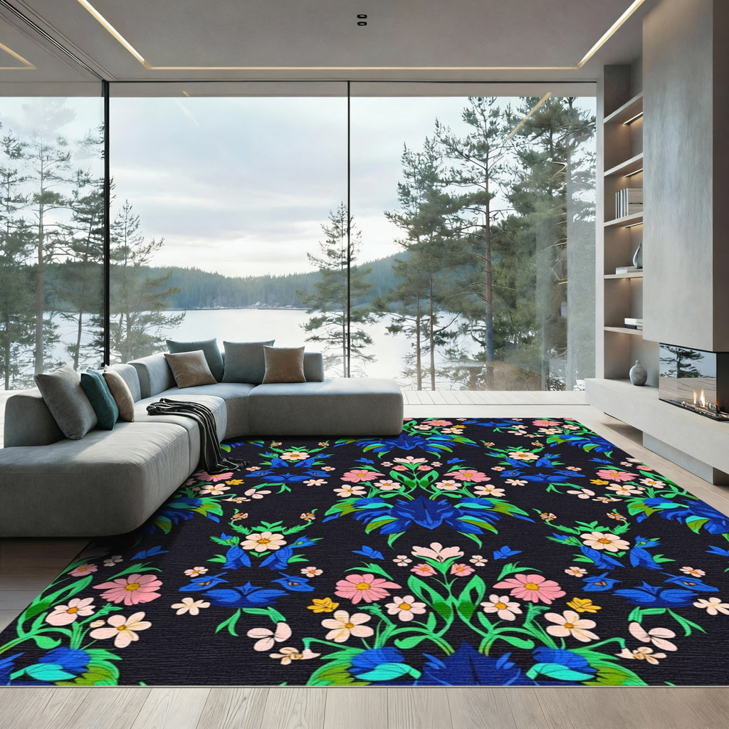 Vibrant Blue Floral Symmetry Garden Runner Rug