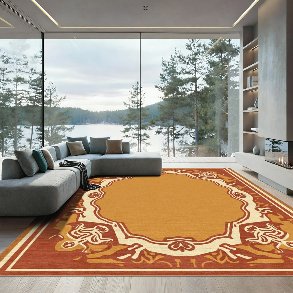 Earthy Ochre Ornamental Scroll Frame Rug
