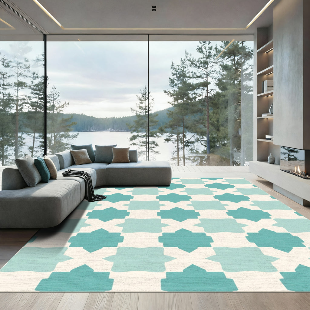 Teal Quatrefoil Geometric Tile Rug