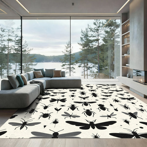 Black Insect Silhouettes Cream Background Rug