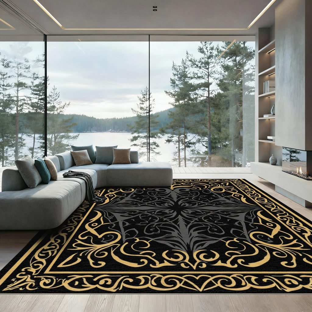Elegant Black Gold Floral Symmetry Rug