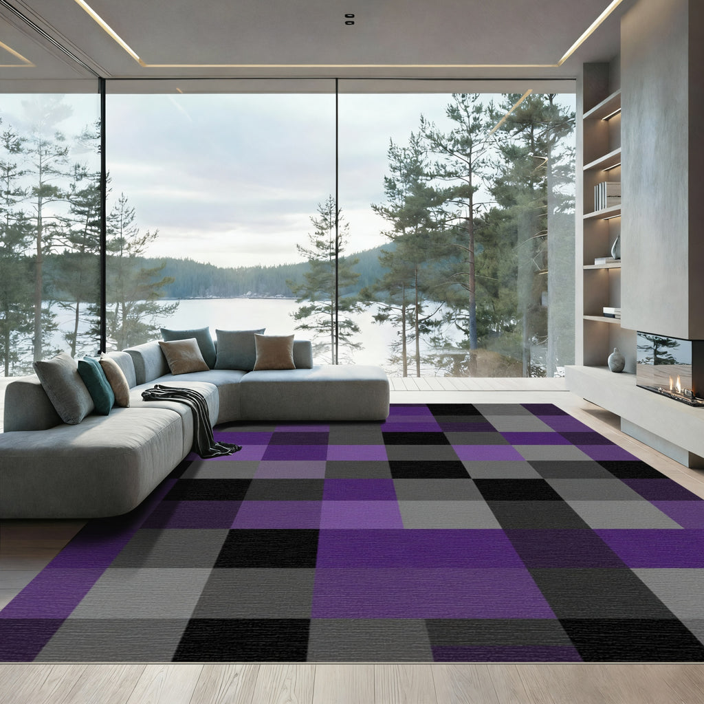 Modern Purple Gray Abstract Squares Rug