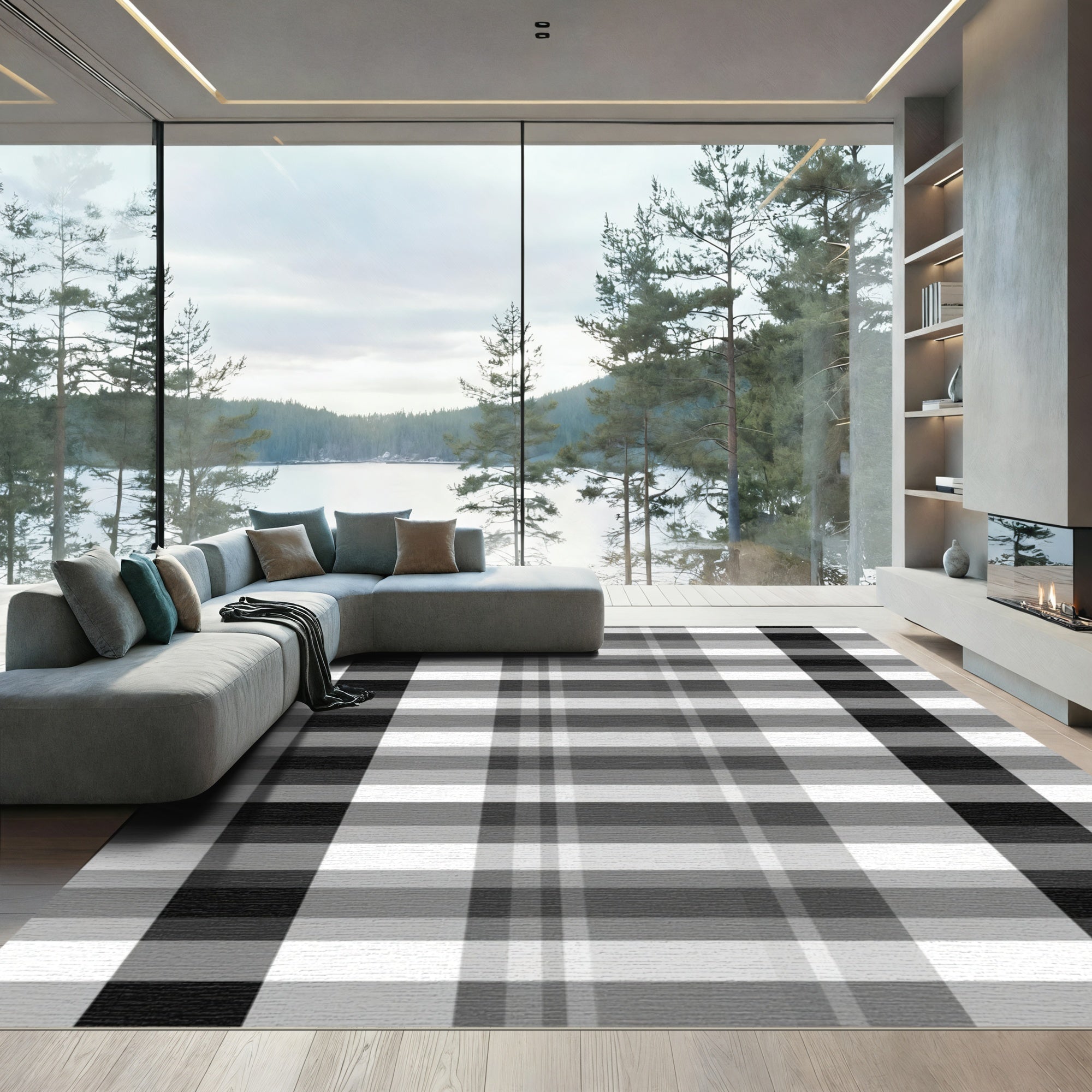 Monochromatic Plaid Grid Rug